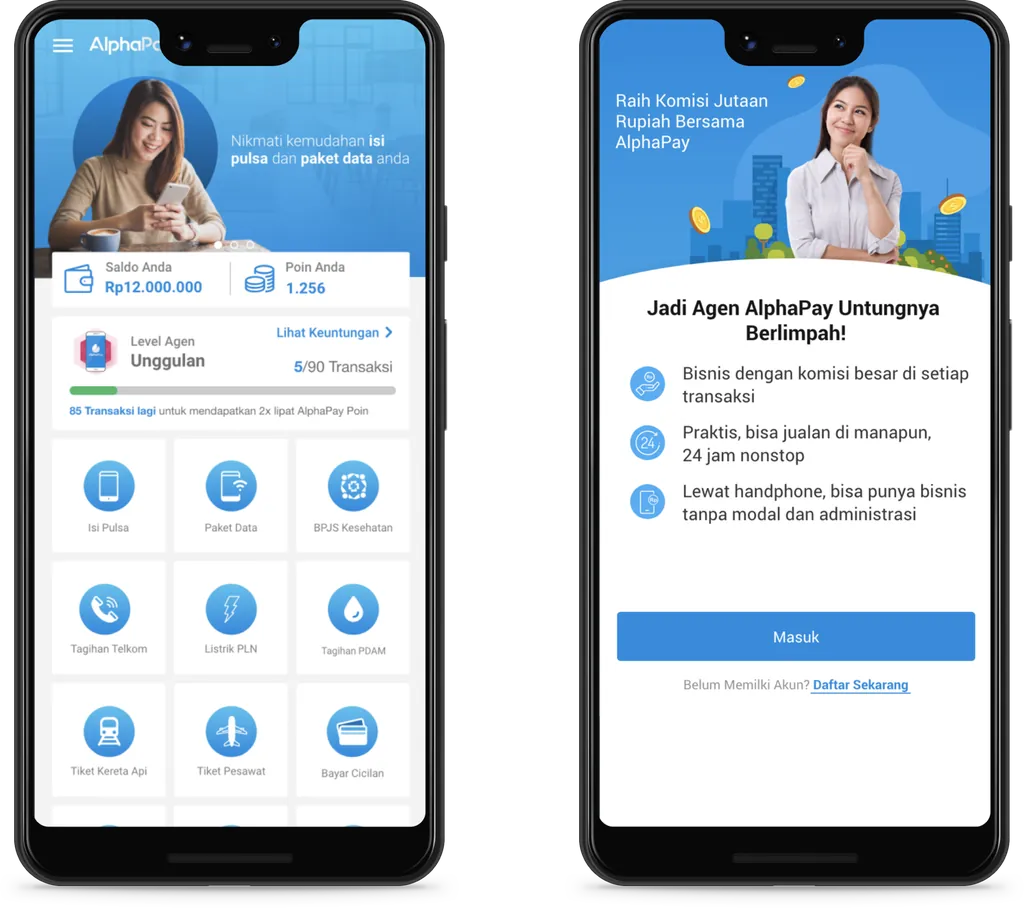 Alpha Pay Android app screens: agent dashboard and agent onboarding