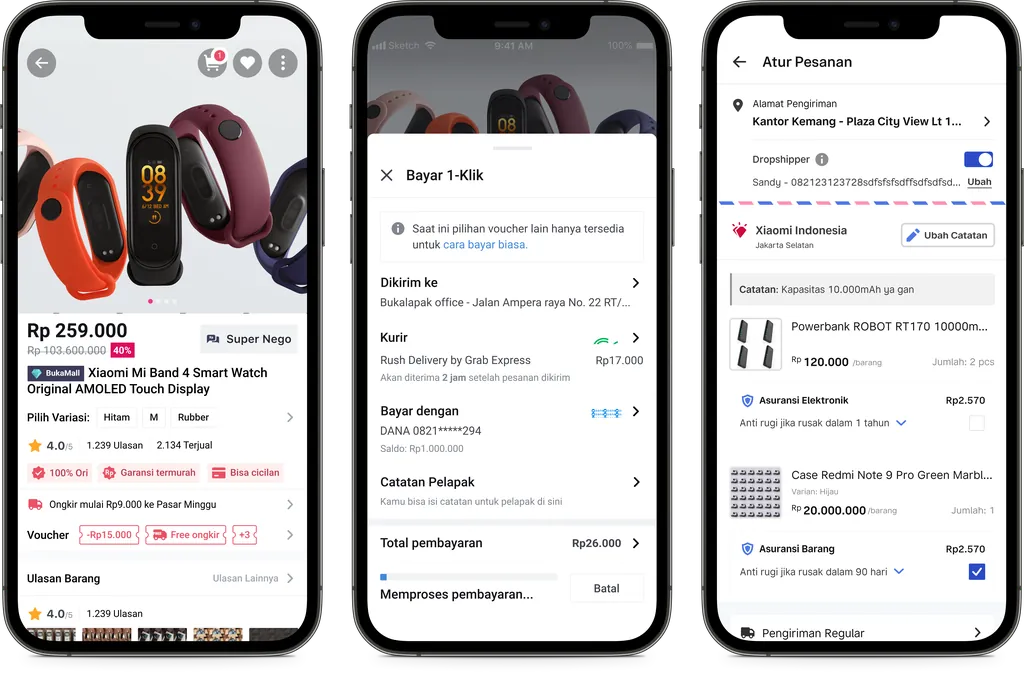 Bukalapak iOS app screens: product detail, 1-Click payment sheet and order summary