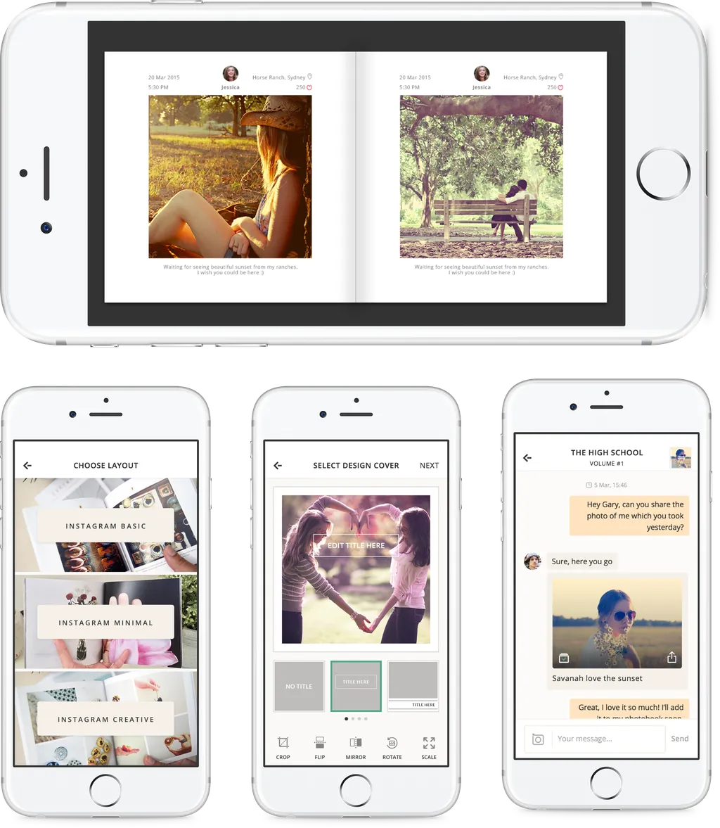 Chaterpress iOS app screens: photobook spread, layout picker, cover picker and story chat
