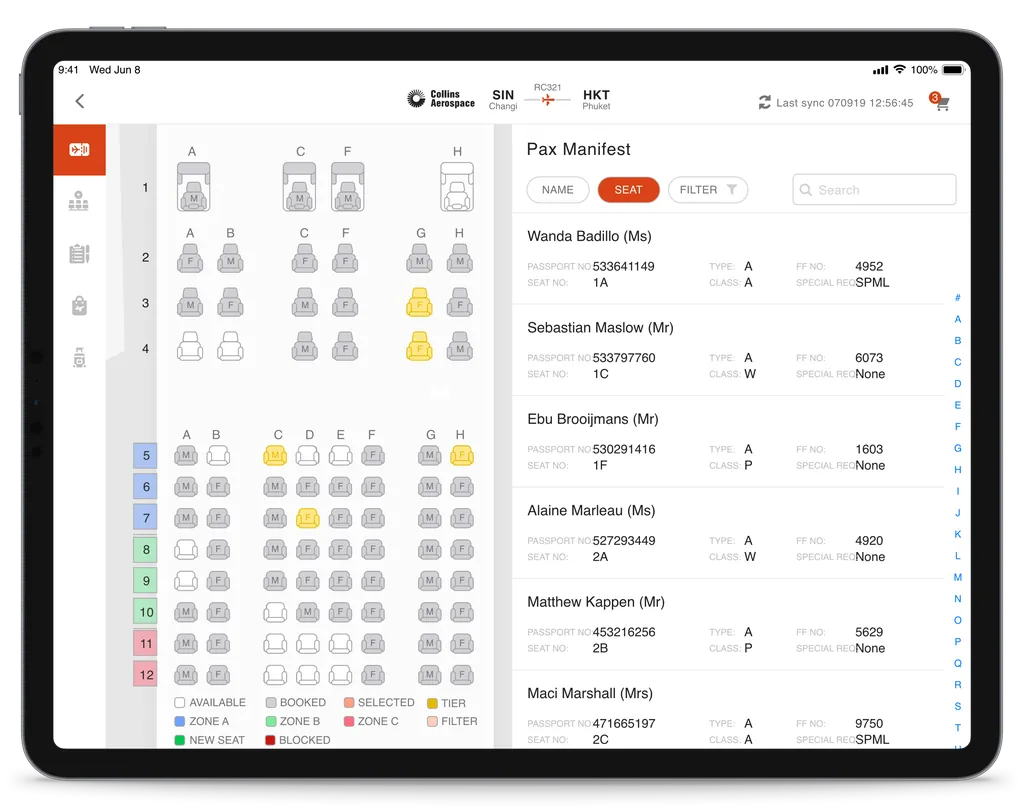 Aviation Cabin Management iPad app showing the seat map and passenger manifest