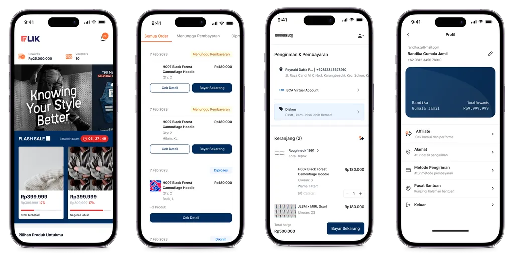 FLIK Shopper app screens: home feed, orders, checkout and profile