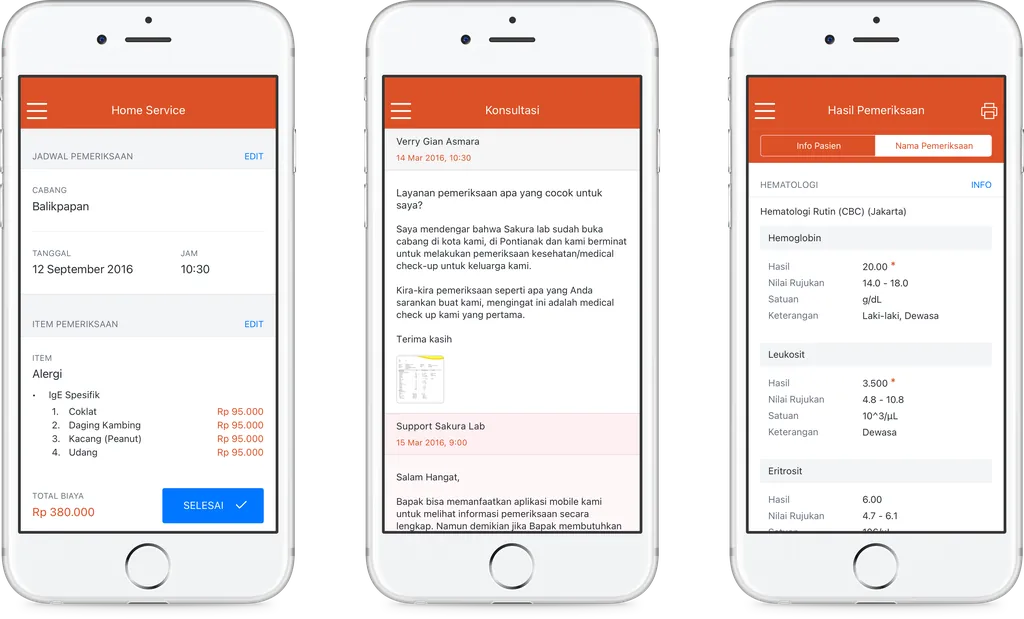 Lab Sakura iOS app screens: home service booking, consultation and lab results