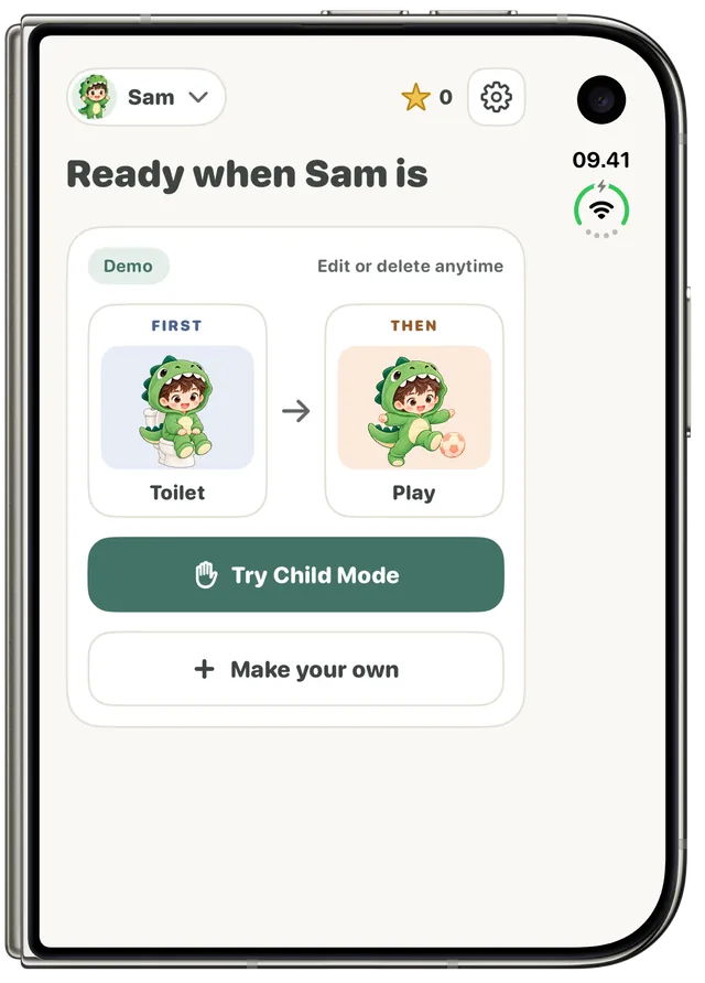 Langkah home on a folded iPhone Duo in portrait orientation, showing Sam's demo board: first toilet, then play.