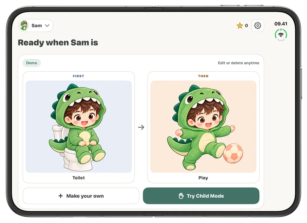 Langkah on an open iPhone Duo in landscape orientation, showing Sam's First Then board with Toilet and Play activities