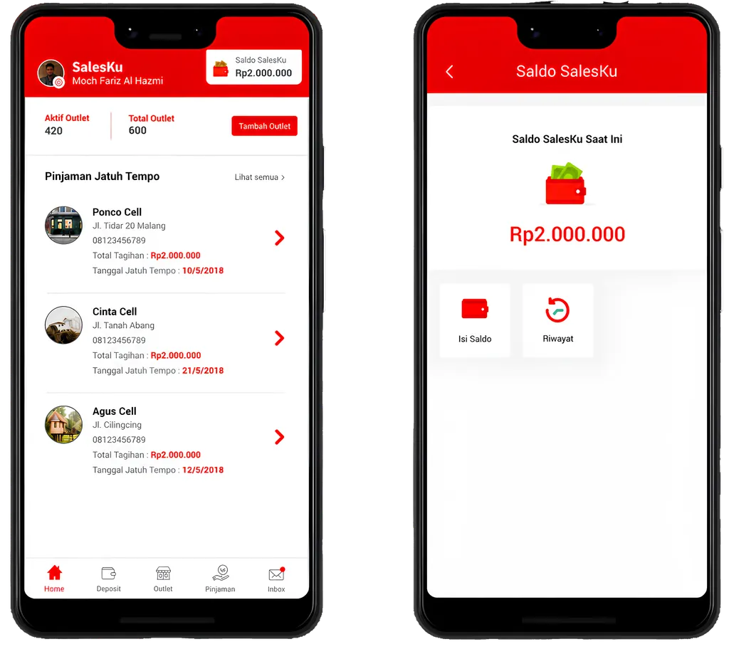 Salesku Android app screens: sales dashboard with due loans and SalesKu balance