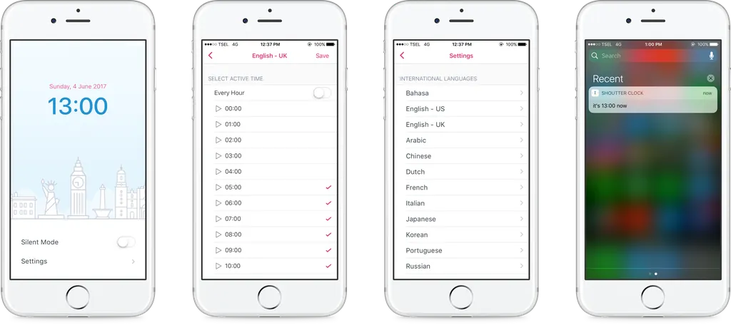 Shoutter Clock iOS app screens: clock face, active hours, voice language and hourly notification