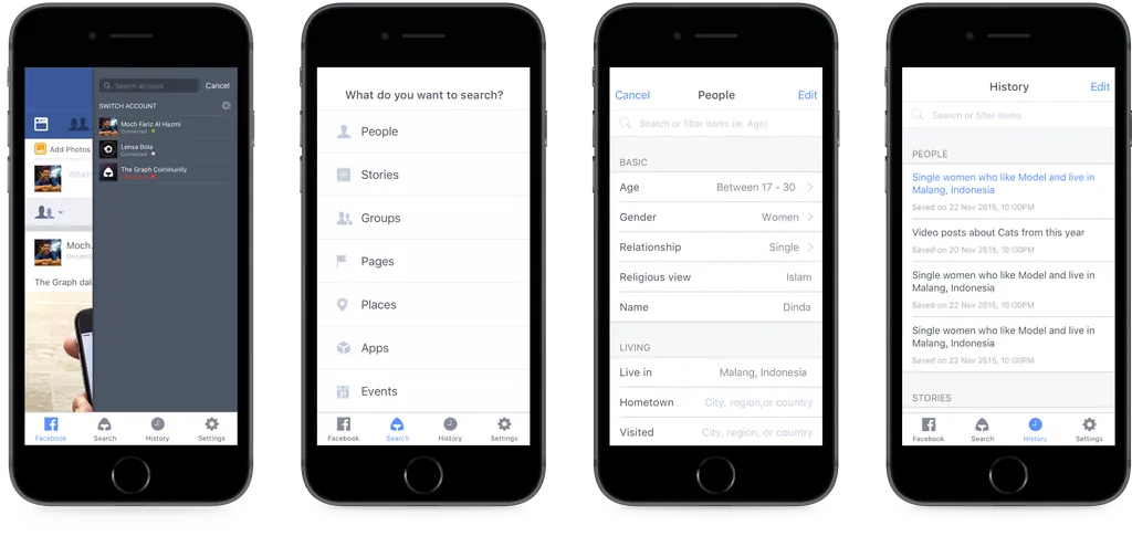 The Graph iOS app screens: account switcher, search categories, people filters and history