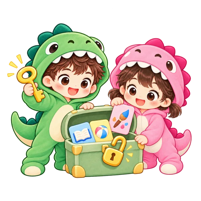 Dino dan Dina membuka peti berisi kartu aktivitas dengan kunci