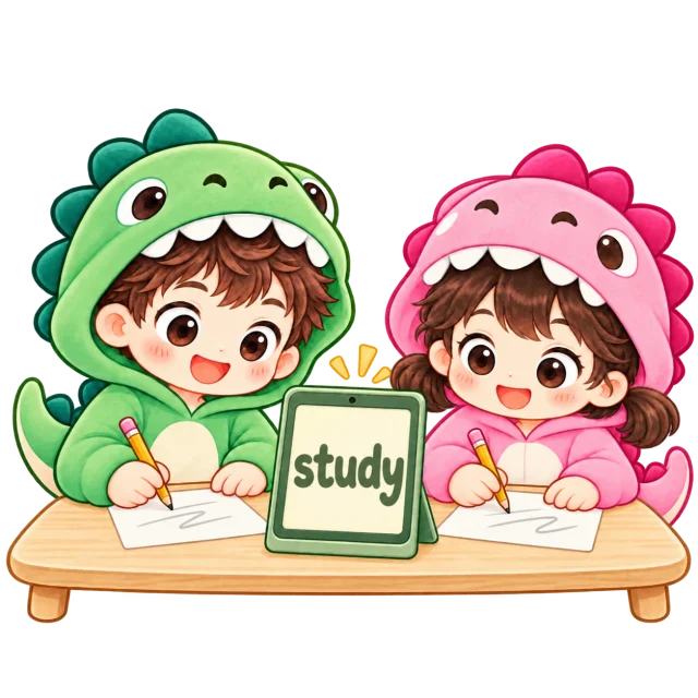 Dino dan Dina menulis di samping tablet berdiri dengan tulisan study di layarnya