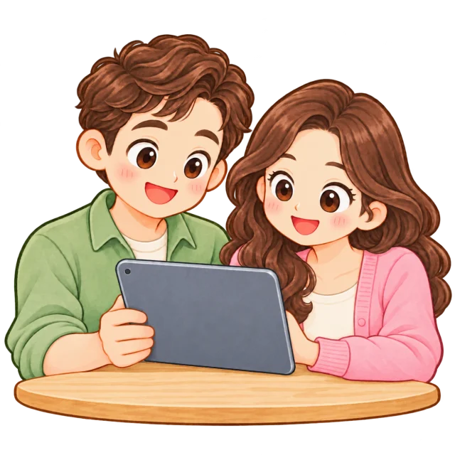 Ayah dan ibu memegang tablet dengan tangan ibu di belakangnya